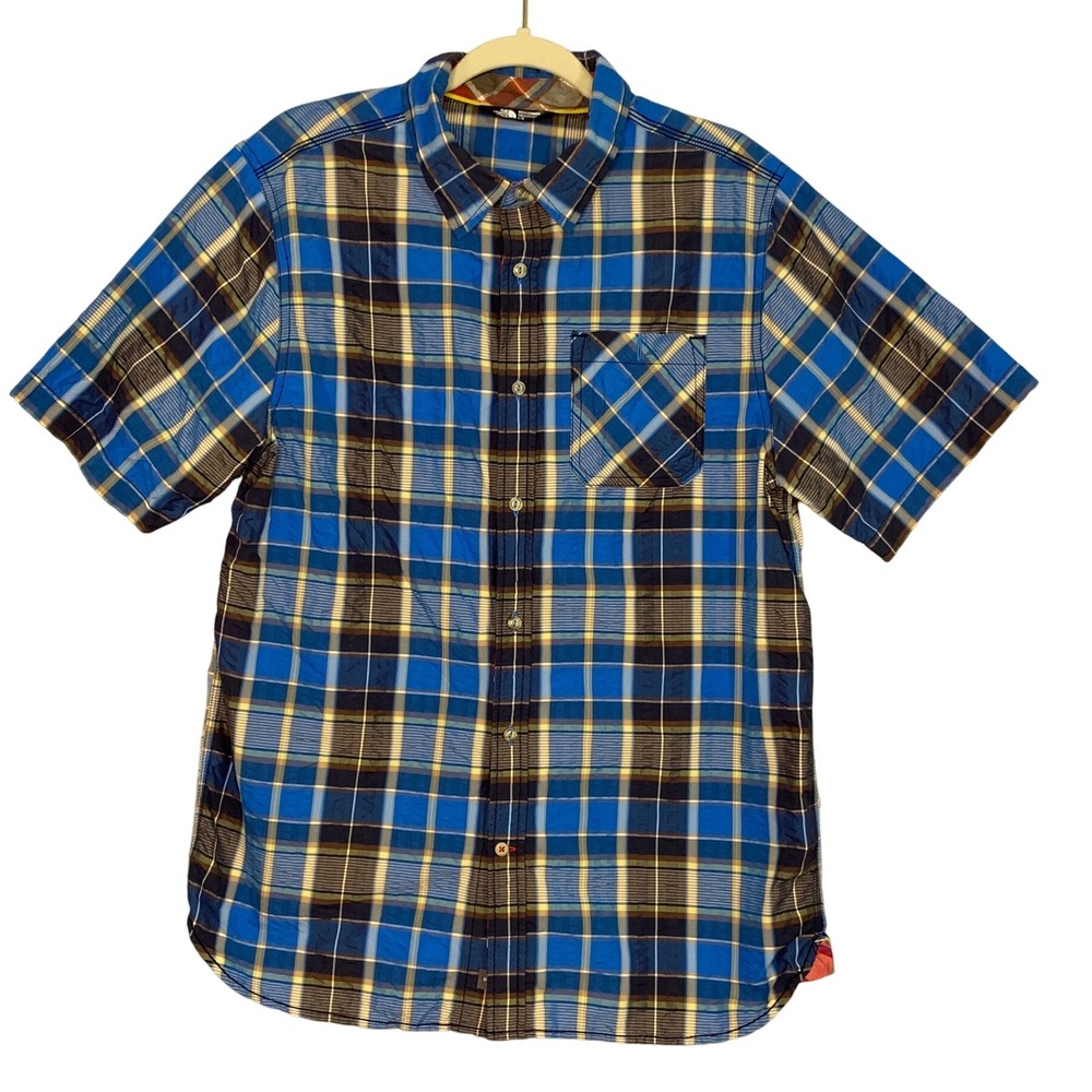 The North Face Mens Plaid Short Sleeve Button Up Shirt Blue Yellow L G